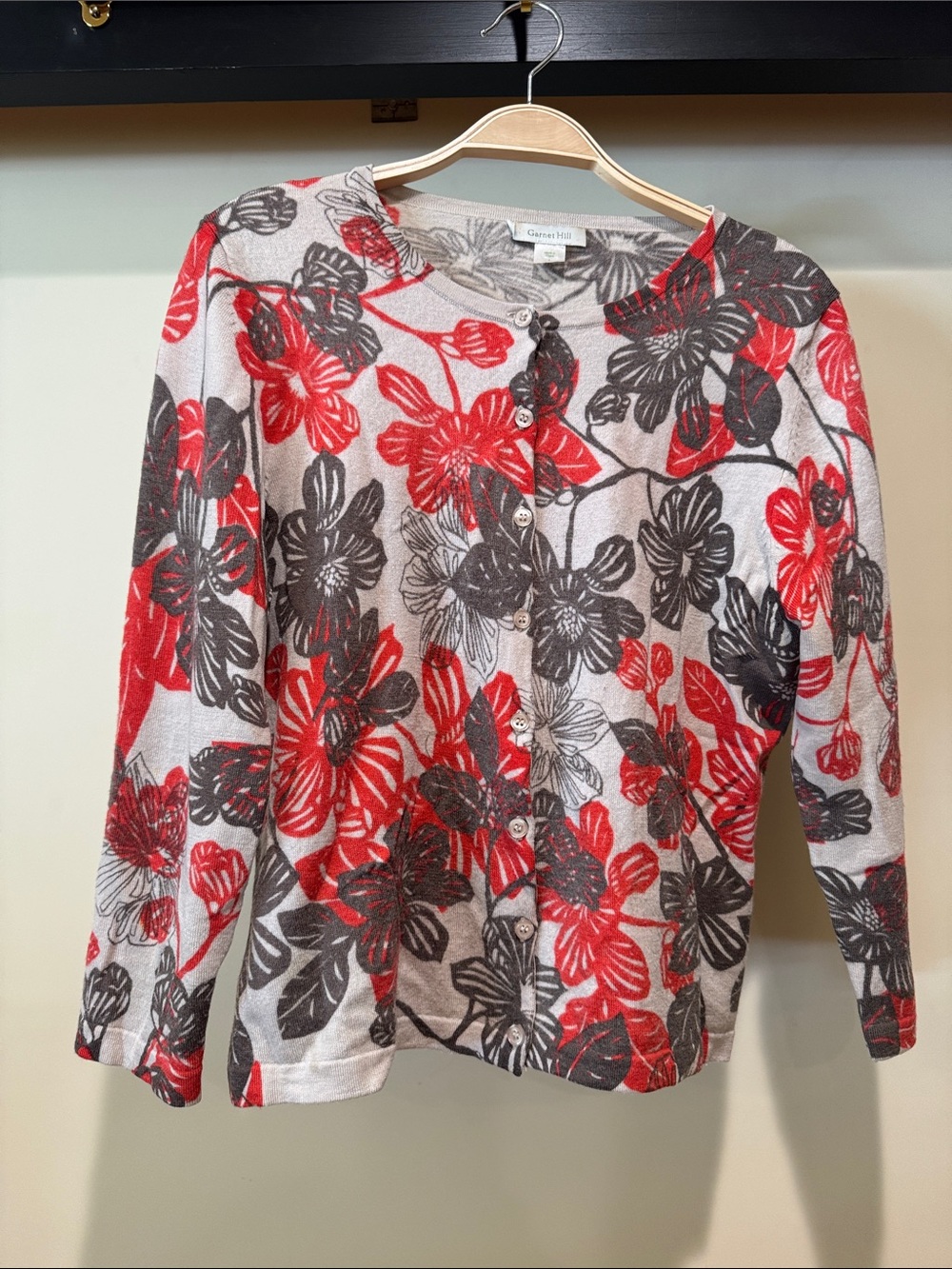 Garnet Hill Floral Button-Front Cardigan in Red & Gray